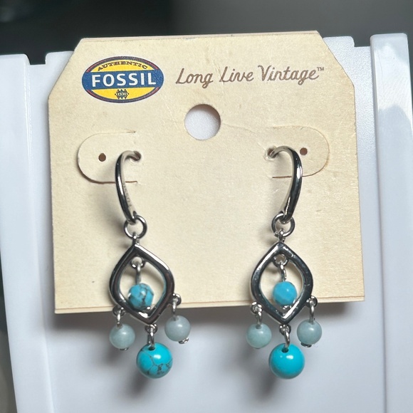 FOSSIL Boho Chic Semi-Precious Stone Dangle Earrings, silver tone - Picture 2 of 11